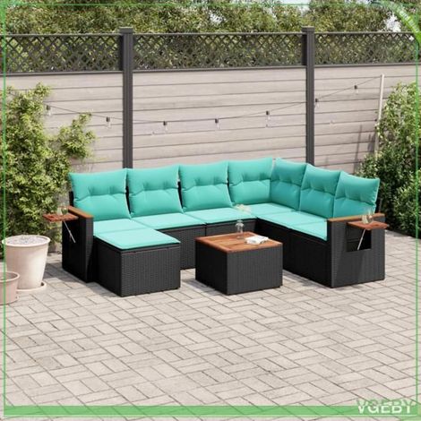 Salon de jardin - FAF7291712418808 - Résine tressée noire - Coussins bleus déhoussables - Plateau acacia (1/5)