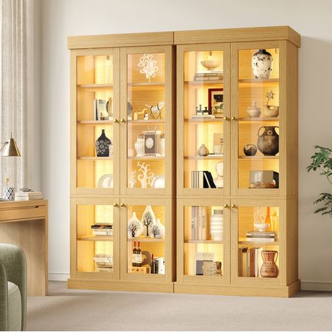 Mueble vitrina de almacenaje con LED, puertas de vidrio, antivuelco, madera natural HAVRYA (1/5)