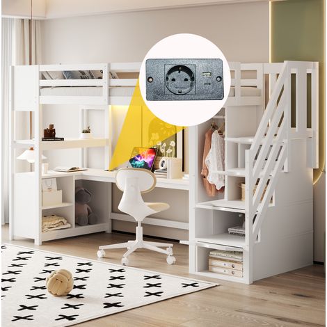 lit adulte mezzanine rangement bureau 90x200 blanc OKMYHOME