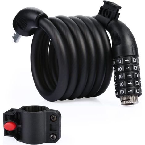 Cadenas de Vélo, 120cmCâble Antivol pour Vélo/Scooter/Motos/Portail Vélo, avec 5 Chiffres Intelligente Code et vélo Titulaire -Noir (1/4)