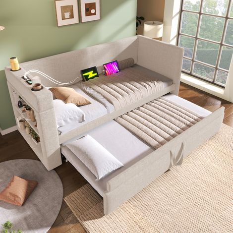 Lit de jour rembourré 90x190 cm, lit simple canapé-lit avec lit gigogne, accoudoirs avec ports de charge USB et Type-C et porte-gobelet, tissu mélange lin, beige, sans matelas.