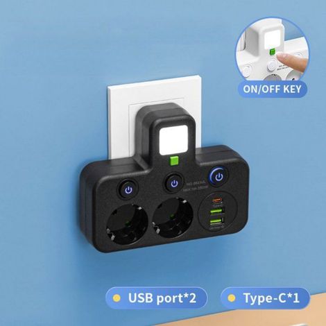 Multiprise USB intelligente - - Interrupteur intégré - Prise USB - Rallonge - Chargement USB-C - Veilleuse Femeo