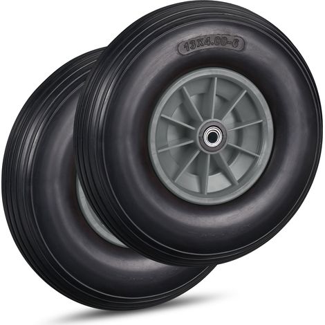 Set of 2 Relaxdays Wheelbarrow Wheels, 4.00-6, Solid Rubber, Plastic Rim, 3 Adaptors, Flatproof Tyre, 136 kg, Black/Grey