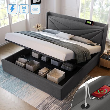Letto contenitore 160x200 cm, con spazio di deposito idraulico, funzione di ricarica USB tipo C, sommier a doghe, tessuto lino, stile moderno, letto matrimoniale capitonnato - Grigio (1/5)
