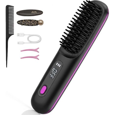 Brosse lissante sans fil, portable et pratique pour les voyages, 3 Réglages De Température 160-200°, Portable, Multifonctionnel Céramique Peigne Lissant une, Convient pour la Barbe et la Coiffure (1/5)