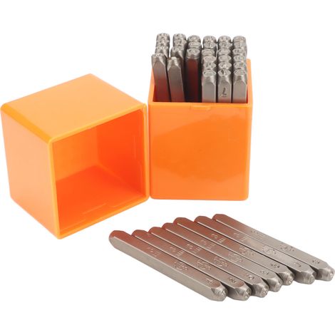 Lot de 36 tampons en métal (lettres et chiffres de 3 cm) en acier à haute teneur en carbone et haute dureté, pour la création de tampons en cuir, bois et autres matériaux. (1/5)