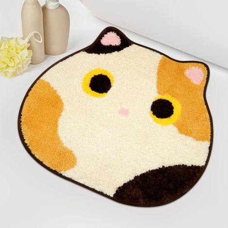 Tapis de Bain Motif Chat Calico Doux Antidérapant 50x55 cm Tapis Salle de Bain Mignon Absorbent Décoration Maison (1/4)