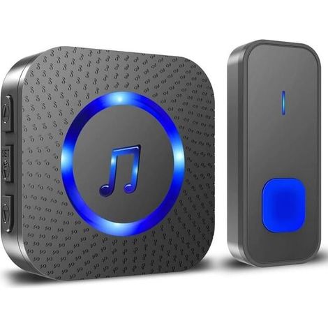 Timbre inalámbrico Ulisem, 400 m, IP55, resistente al agua, electrónico, 55 melodías en 5 niveles de volumen, LED azul y negro (1/4)
