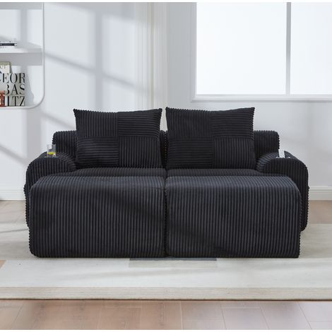 Sofá modular de 2 plazas (200x174x80 cm), con portavasos y bolsillo lateral, pana, negro (1/5)