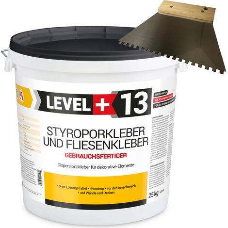 LEVEL+ Styroporkleber Dispersionkleber Dekor L+13 - 25KG + Zahnspachtel 4mm