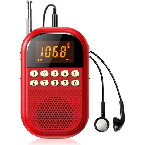 Radio AM/FM tascabile: batteria ricaricabile da 1100 mAh, dotata di un ampio altoparlante, comoda da usare mentre si cammina, colore rosso. (1/5)