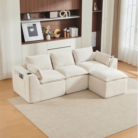 FloraGrace canapé modulaire 3 places, 256 x 161 x 75 cm, tissu corduroy beige, coussins inclus, poches latérales (1/5)