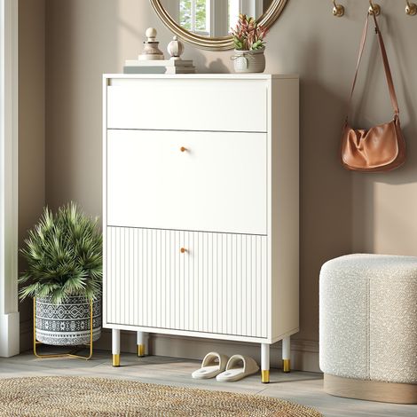 Zapatero estrecho - 65 x 24 x 104 cm - cajón, 2 trampones frontales ondulados, patas metal, estilo moderno, MDF, blanco (1/5)