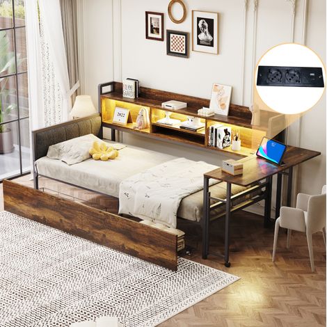 MEUBLIV Lit 90x200 cm coloris bois et blanc – avec bureau, LED et rangement, sans matelas (1/5)