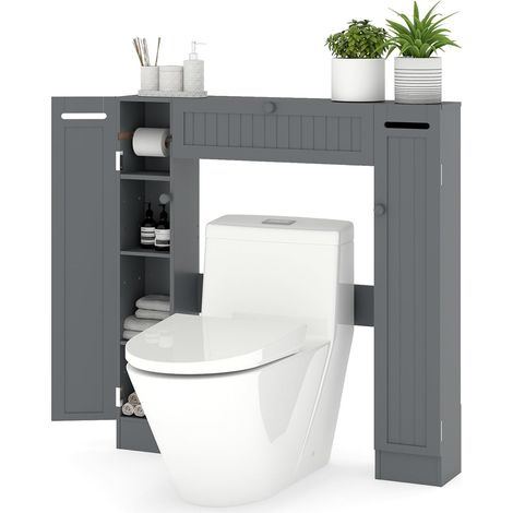 Costway – Meuble WC au-dessus des toilettes – Étagère de rangement en MDF gris – Dimensions 19,5 x 89 x 99 cm – Avec porte-rouleau et placards (1/5)