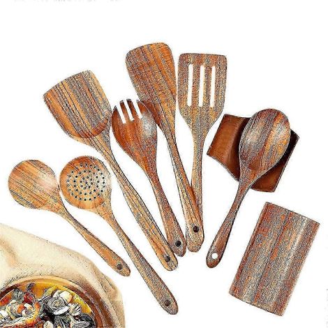 Lot de 9 cuillères en bois naturel compatibles avec les ustensiles de cuisine en bois de teck, compatibles avec un porte-ustensiles. (1/5)