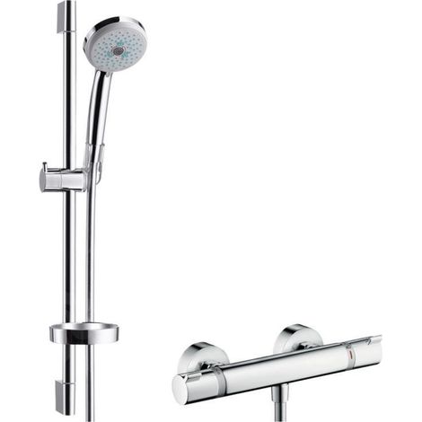 Hansgrohe – Colonne de douche thermostatique CROMA 100 – Douche à main 100mm – 3 types de jets – Ecostat Comfort – Barre ronde 668mm – Flexible 1600mm (1/5)