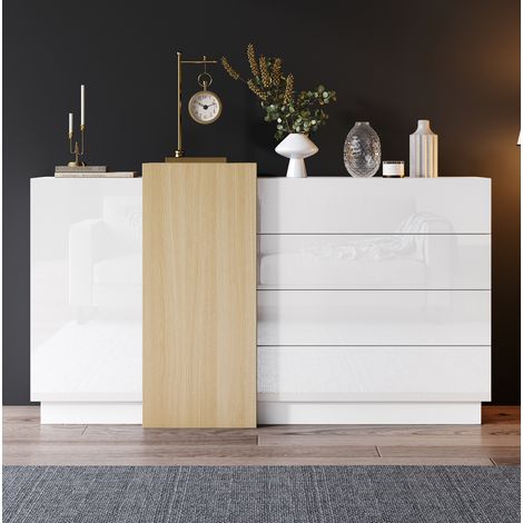 Mueble salón blanco brillo con almacenaje y madera hogar OKMYHOME (1/5)