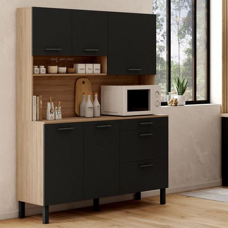 Aparador de cocina CINA 140 CM con 5 puertas + 3 cajones, acabado haya y negro