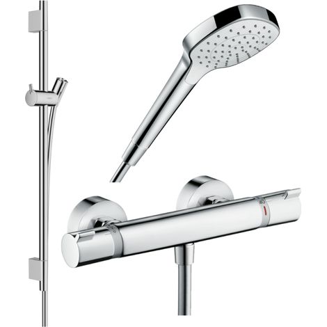 Pack mitigeur douche thermostatique HANSGROHE Ecostat Comfort + Barre Unica S Puro + flexible + Pommeau Croma Select E chromé