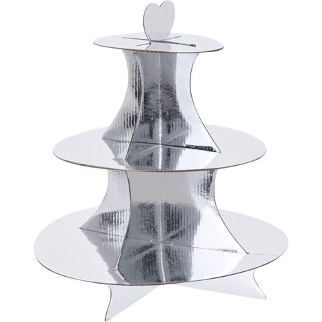 Karton Etagere 34 x 30 cm mit 3 Ablagen - silber - Servierplatte mit Herz Tragegriff - Dessert Muffin Kuchen Platte Papp Ständer
