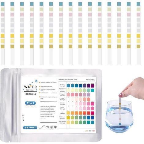 50Pcs 9 En 1 Test Eau Potable, Bandelettes de Test pH pour Eau de Piscine et Spa, Bandelette Testeur Dureté de L'eau pour Aquarium, Pool Teststreifen pour Analyse pH Nitrites Chlore Dureté Piscine (1/5)