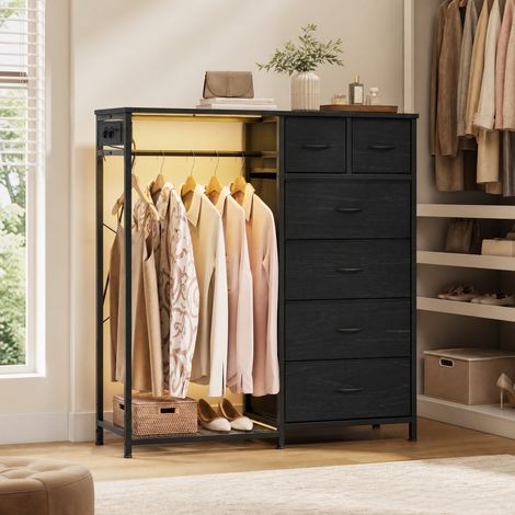 Commode 3 en 1 avec Portant à Vêtements, 6 Tiroirs, LED et Prises, 102,7 x 35 x 117,6 cm, Noir (1/5)