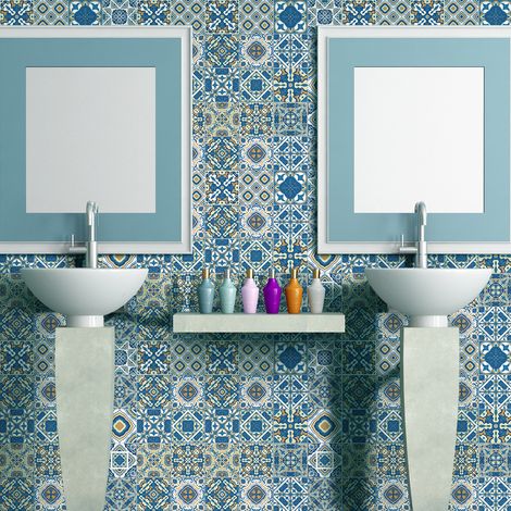 Sticker Mural Carrelage adhésif Cuisine Salle de Bain - 30 STICKERS CARREAUX DE CIMENT AZULEJOS SIERRA - 30stickers20x20cm (1/5)
