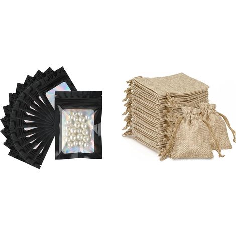 Lot d’Emballage – 100 Sachets Zip 7x10 cm + 20 Sacs en Jute 10x15 cm, Rangement, Cadeaux, DIY (1/5)