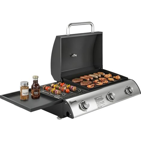 Barbecue gaz de table 3 brûleurs combiné gril et plancha 8,1 kW portable avec couvercle et thermomètre