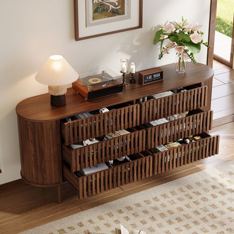 Buffet 160x40x70cm 6 tiroirs lattes ajourées MDF pieds métal 70kg noyer (1/5)