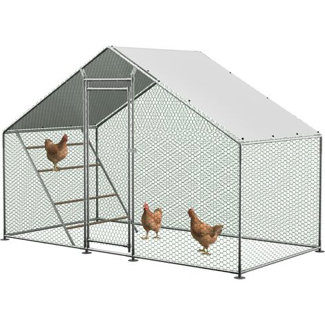 Volière pour poules 3 x 1,5 x 2 m enclos poulailler extérieur en acier galvanisé avec toit PE porte sécurisée et échelle (1/5)
