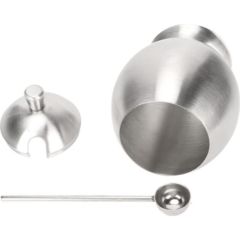 Ovales, eiförmiges Gewürzgefäß aus Edelstahl mit Löffel, für Gewürze und Zucker, ideal für Küchen und Restaurants. (1/5)
