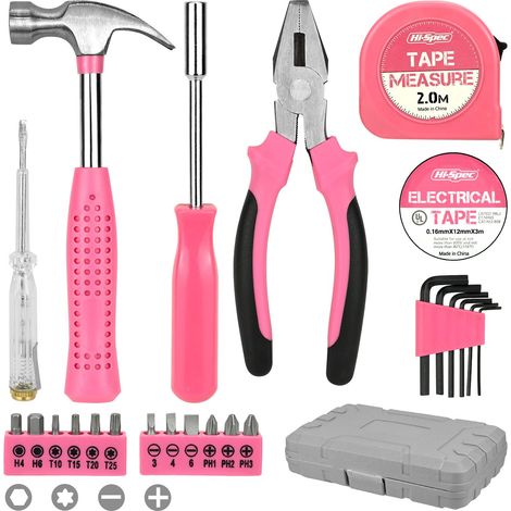 Lot de 24 outils roses pour femme - Mini boîte à outils avec pinces, clés, marteau, mètre ruban, mèche, tournevis, réparation manuelle de base pour la maison et le bureau (1/5)