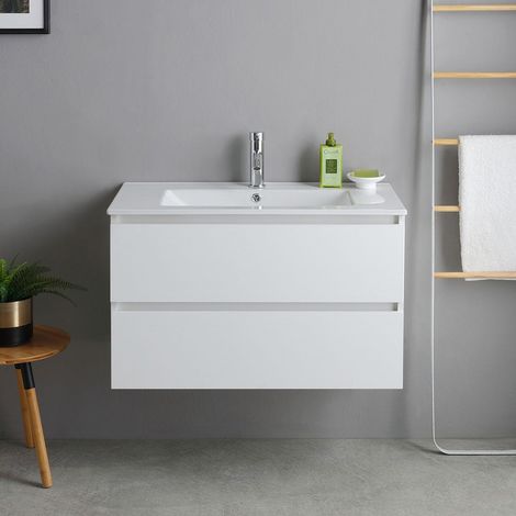 Kiamami Valentina – Meuble de salle de bains suspendu 80cm blanc export avec lavabo en céramique – 2 tiroirs avec fermeture amortie – Design moderne — vue 2