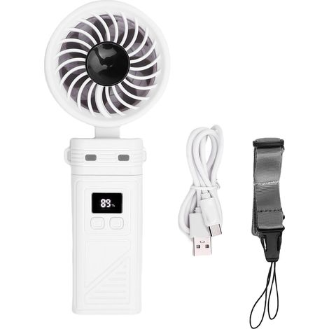 Ventilateur main 5200mAh rechargeable pliable 6 vitesses – Affichage numérique tête détachable cordon cou intérieur extérieur blanc, ventilation (1/5)