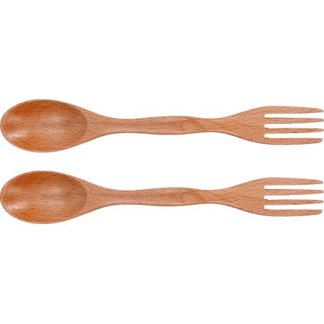 Ensemble de 2 cuillères et fourchettes en bois de hêtre, à double usage, pour desserts.