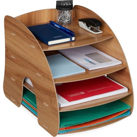 Rangement Documents, 4 Compartiments, étagères Lettres, Organiseur A4, HxLxP:27 x 25,5 x 34,5 cm, Marron foncé (1/4)