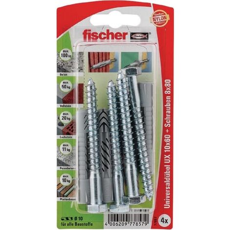 Fischer taco universal ux 10x60 sk gris claro, 4 piezas, con tornillo 77857