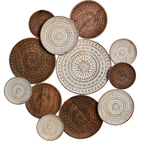 Statue murale Mandala en bois effet vieilli et élégant - Brun clair usé et motifs Mandala