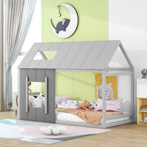 Lit enfant 90 x 200, lit enfant en forme de maison, lit simple plat en forme de maison avec toit et fenêtre, gris foncé + gris clair (ETA : 12/8)