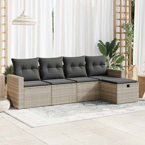 5-tlg. Garten-Sofagarnitur mit Kissen Hellgrau Poly Rattan (1/5)