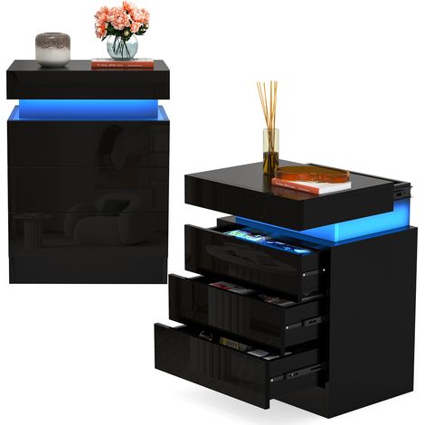 Comodino Haloyo® con 2 cassetti e LED a 16 colori, comodino, tavolino per telefono, prese CA, per soggiorno, camera da letto, ufficio, 40x35x61cm, nero (1/5)