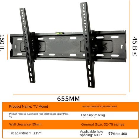 Support mural TV universel LED LCD, fixation réglable pour écran plat, installation facile, compatible téléviseurs 32 à 75 pouces (1/5)