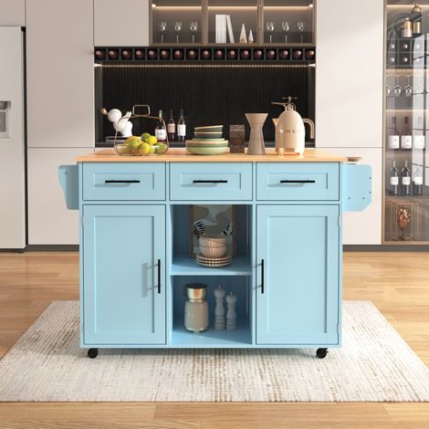 Mobile cucina su ruote 139 x 46(71) x 91,5 cm, piano ribaltabile, blu, HAVRYA (1/5)