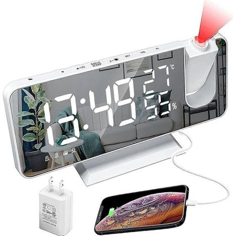 Réveil à projection, réveil numérique LED avec surface miroir, port de chargement USB (1/5)