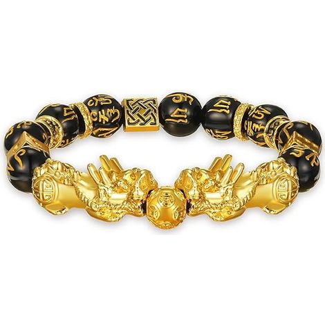 Bracelet Pi Xiu Mantra avec perles et dés dorés, bracelet Feng Shui en obsidienne noire, bracelet porte-bonheur, bracelet sculpté à la main