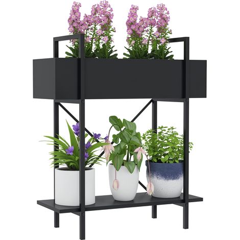 Supporto per piante da interno a due livelli, portavaso con fori di drenaggio, ripiano superiore, in metallo, 60 x 25 x 70 cm, nero