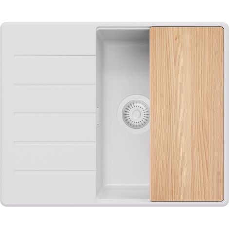 PRIMAGRAN Evier Cuisine en Granit 62x50cm, Lavabo 1 bac + Kit de Vidage + Planche à Découper, Évier à Encastrer au meuble 45cm - Copenhague, Tout Blanc