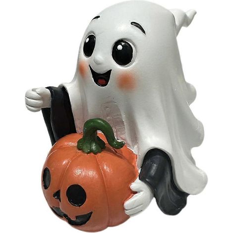 Sculpture en résine représentant une citrouille fantôme mignonne et confuse pour Halloween, idéale pour décorer un jardin ou une fête à la maison. (1/5)